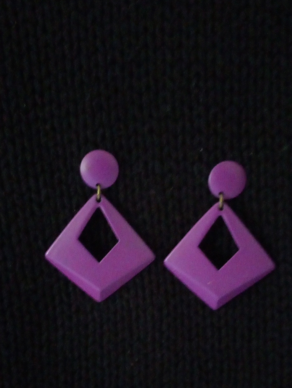 Retro 80s Matte Purple Open Rhombus Button Post Dangle Earrings